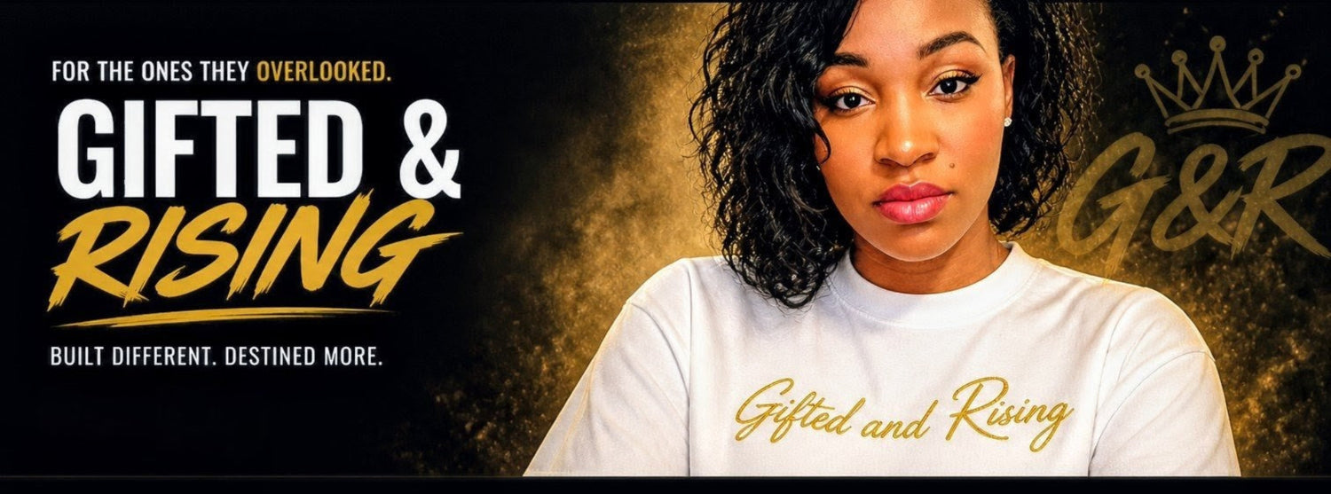Promotional banner for 'Gifted & Rising' with a woman wearing a white shirt featuring the brand name.